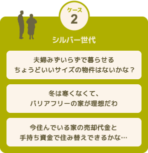 CASE2<シルバー世代> 「夫婦みずいらずで暮らせる ちょうどいいサイズの物件はないかな？」「冬は寒くなくて、バリアフリーの家が理想だわ」「今住んでいる家の売却代金と手持ち資金で住み替えできるかな…」